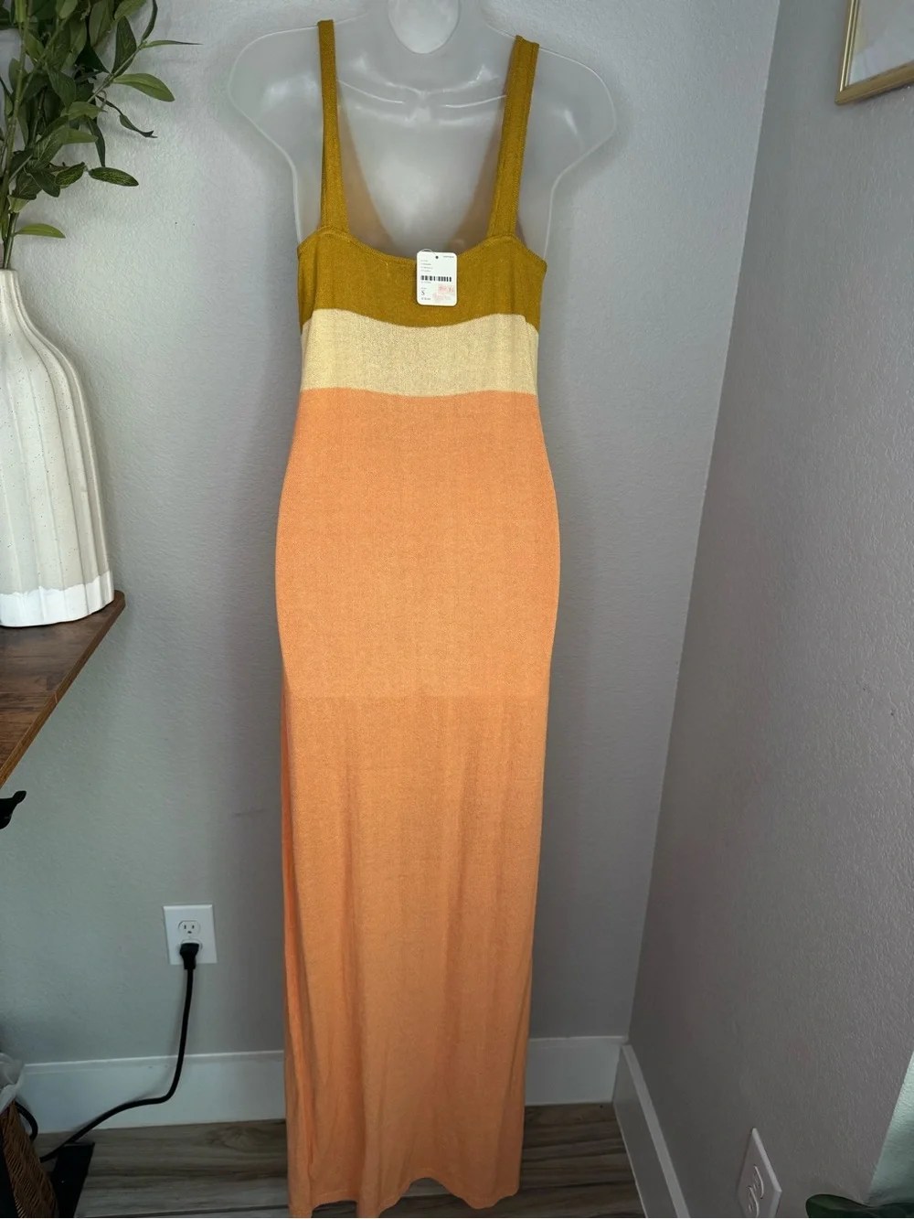 Free People FP Beach Color Block Knit Maxi Dress S NWT Mustard Peach Boho